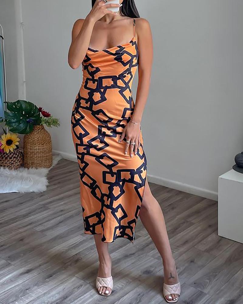 

Chain Print Spaghetti Strap Slit Dress, Orange