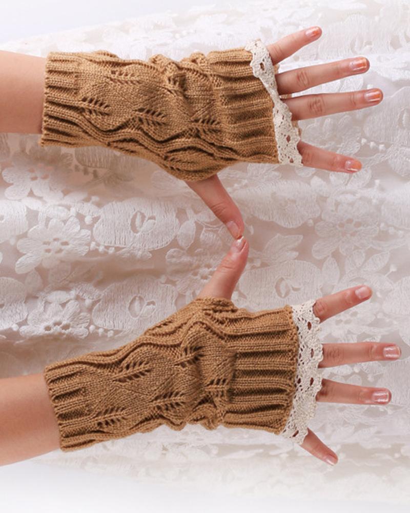 

1Pair Contrast Lace Knit Fingerless Gloves, Khaki