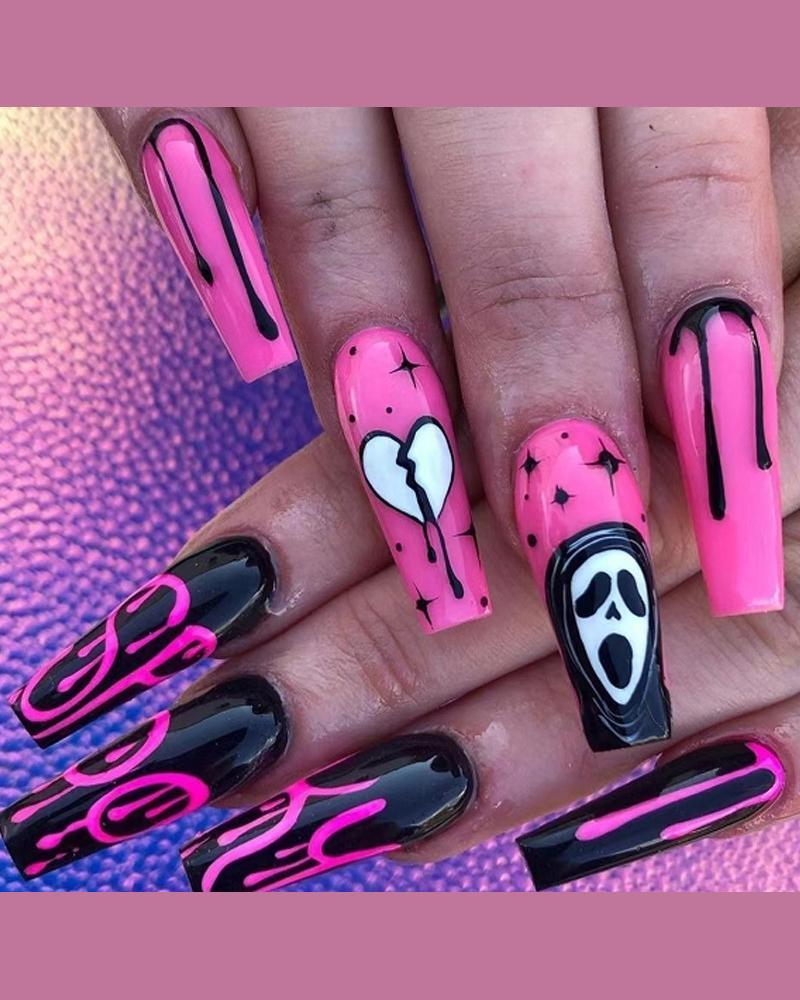 

1Sheet Halloween Press on Nails Long Ghost Face Design Full Cover Fake Coffin Nails, Hot pink
