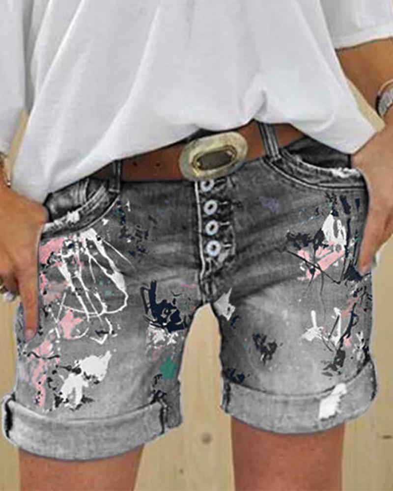 

Allover Print Roll Hem Button Fly Denim Shorts, Gray