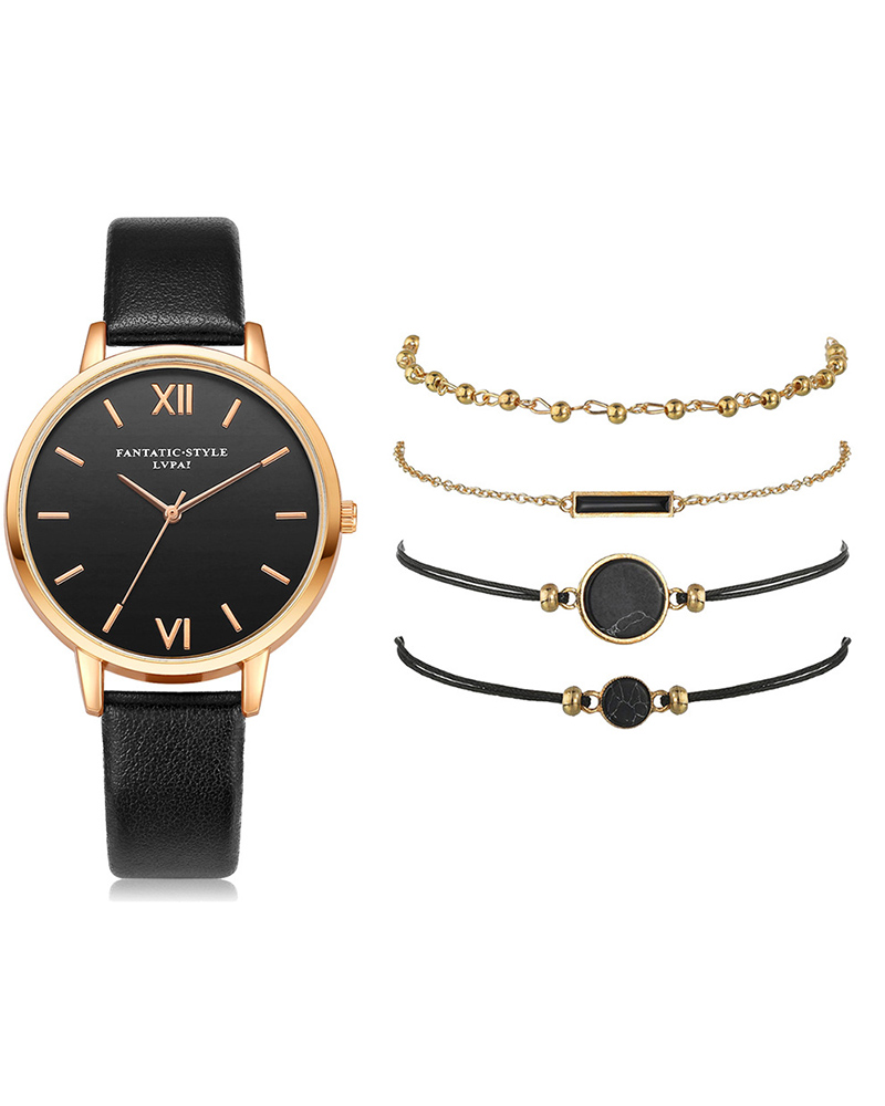 

PU Leather Strap Pointer Quartz Watch & Bracelet Set, Black