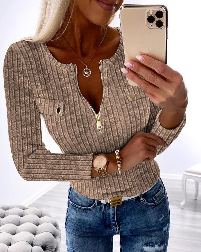 

Round Neck Zipper Design Ribbed Top, Khaki