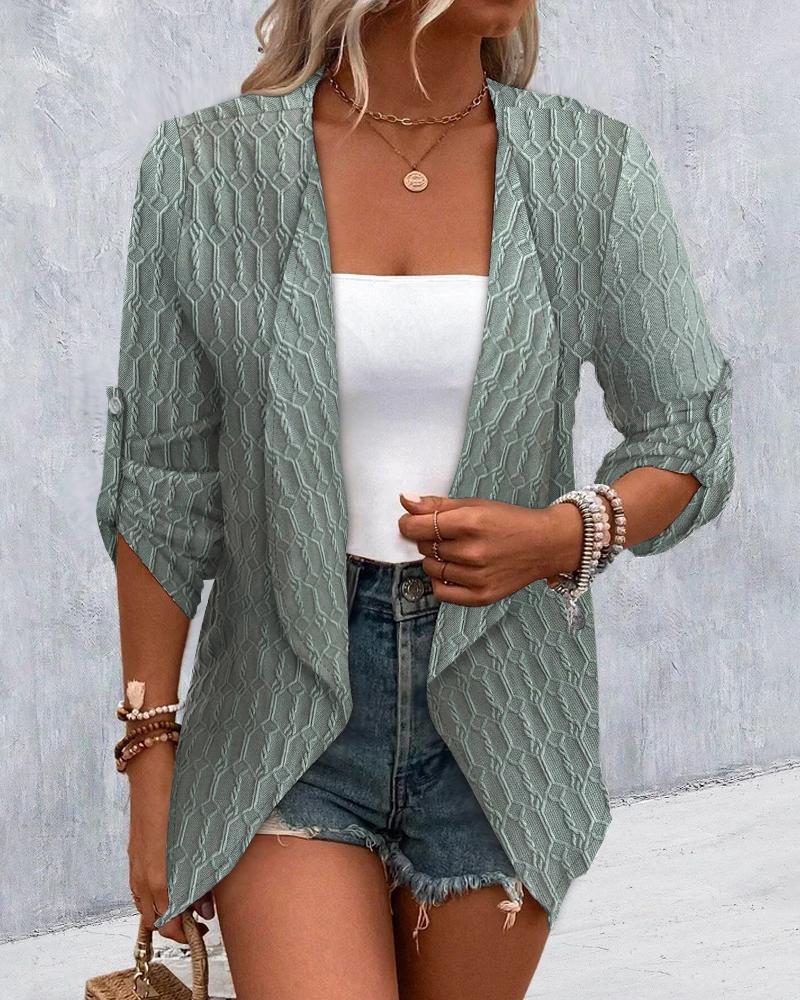 

Roll Up Sleeve Open Front Cable Textured Coat, Green