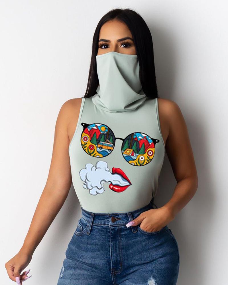 

Print Casual Tank Top With Bandana, Gray
