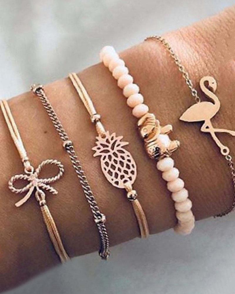 

5PCS/Set Flamingo Hollow Out Pineapple Bowknot Bracelets, Gold