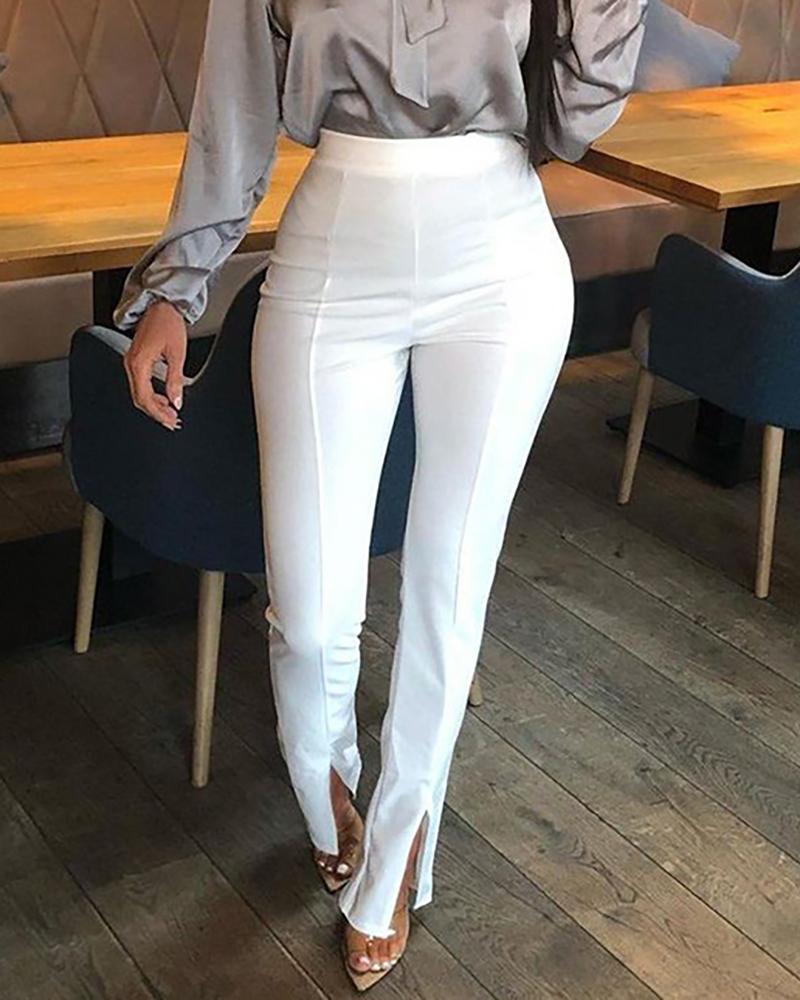 

Solid Slit High Waist Tailored Pants, White
