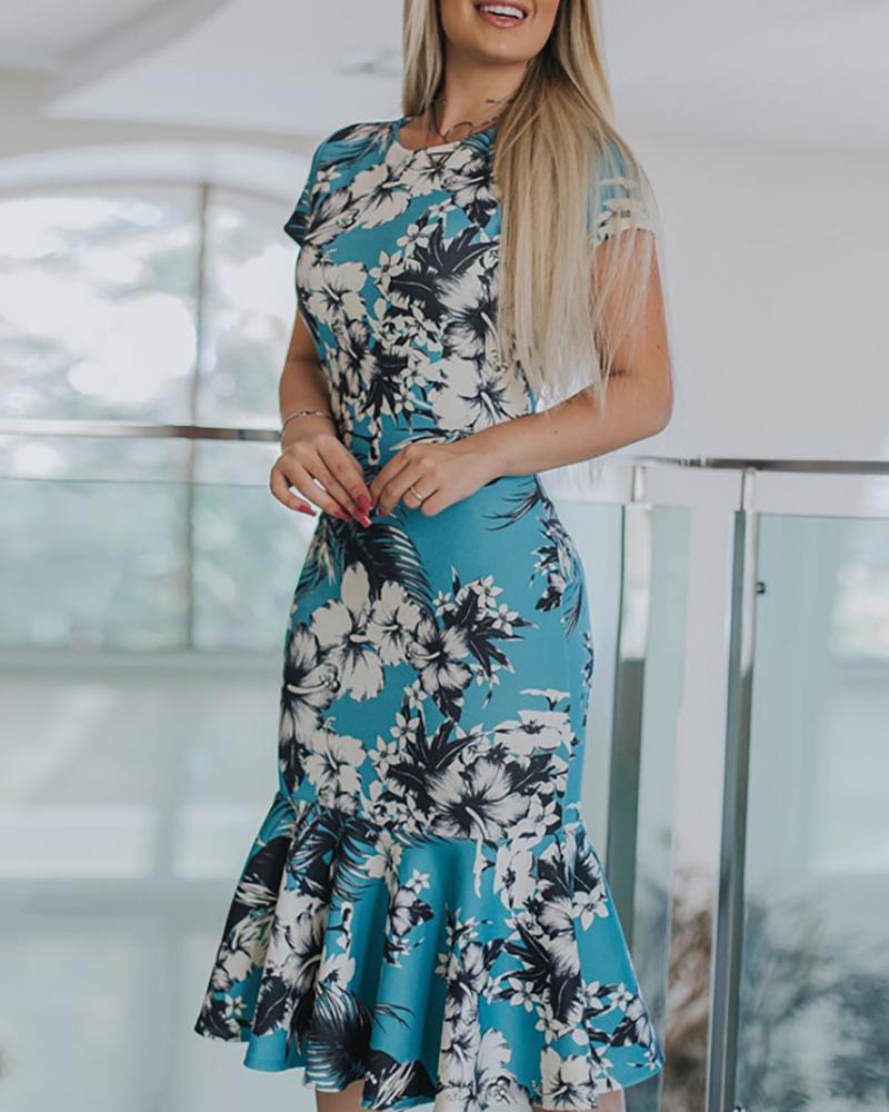 

Floral Short Sleeve Ruffles Hem Dress, Blue
