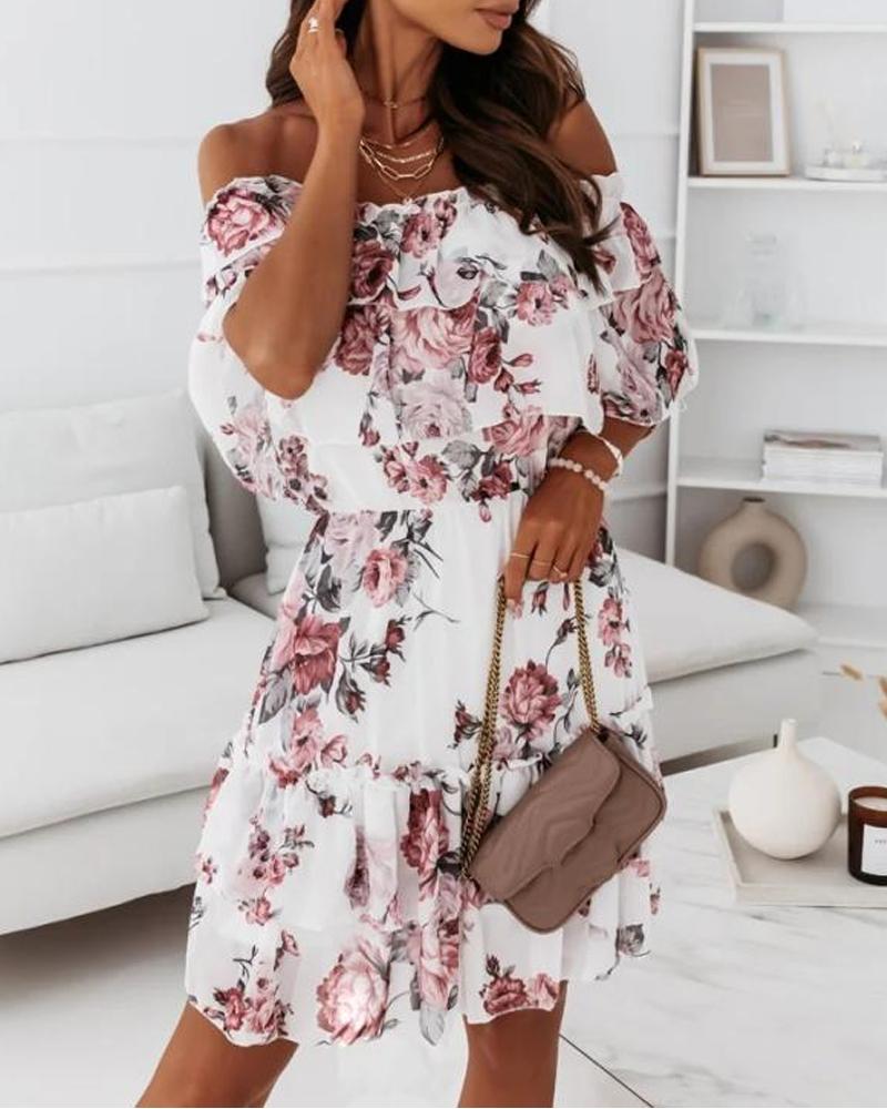 

Floral Print Off Shoulder Ruffle Hem Chiffon Dress, Pink