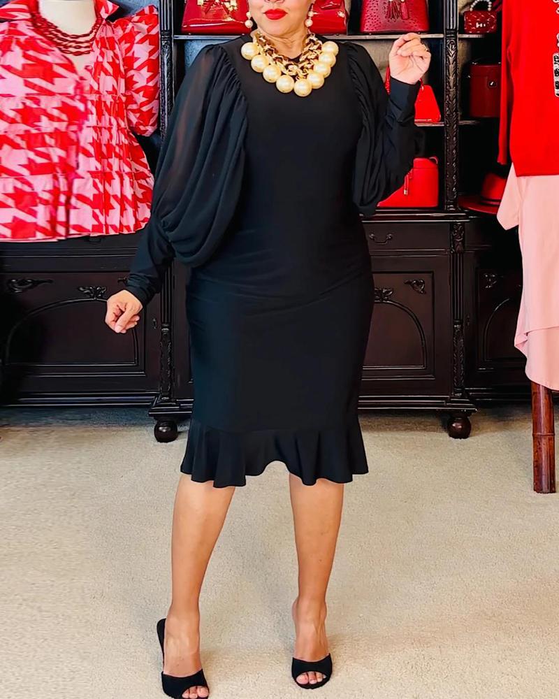 

Plus Size Lantern Sleeve Ruffle Hem Midi Dress, Black