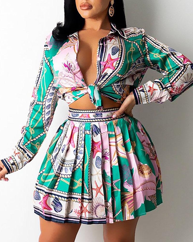

Scarf Print Button Design Shirt & Pleated Skirt Set, Green