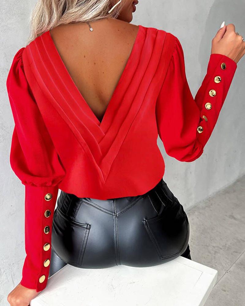 

Backless Buttoned V-Neck Top, Red