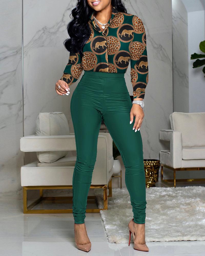 

Leopard Print Shirt & High Waist Pants Set, Green