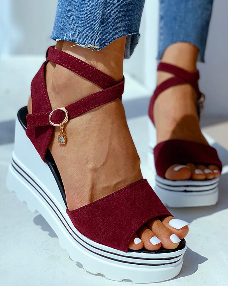 

Peep Toe Solid Wedge Heeled Sandals, Wine red