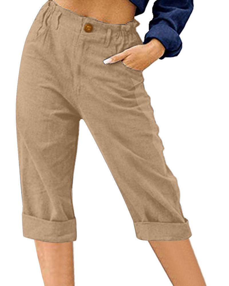 

High Waist Pocket Design Capris Pants, Khaki