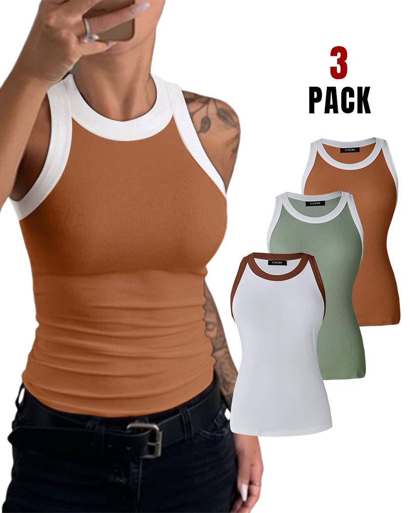 

3-Pack Contrast Binding Basic Slim Knit Ribbed Racerback Tank Top, Style2