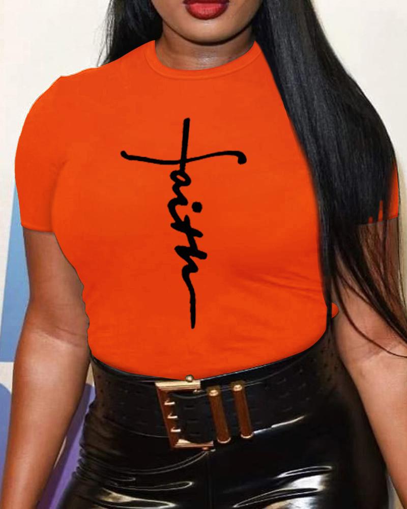 

Plus Size Faith Print Short Sleeve Casual T-shirt, Orange