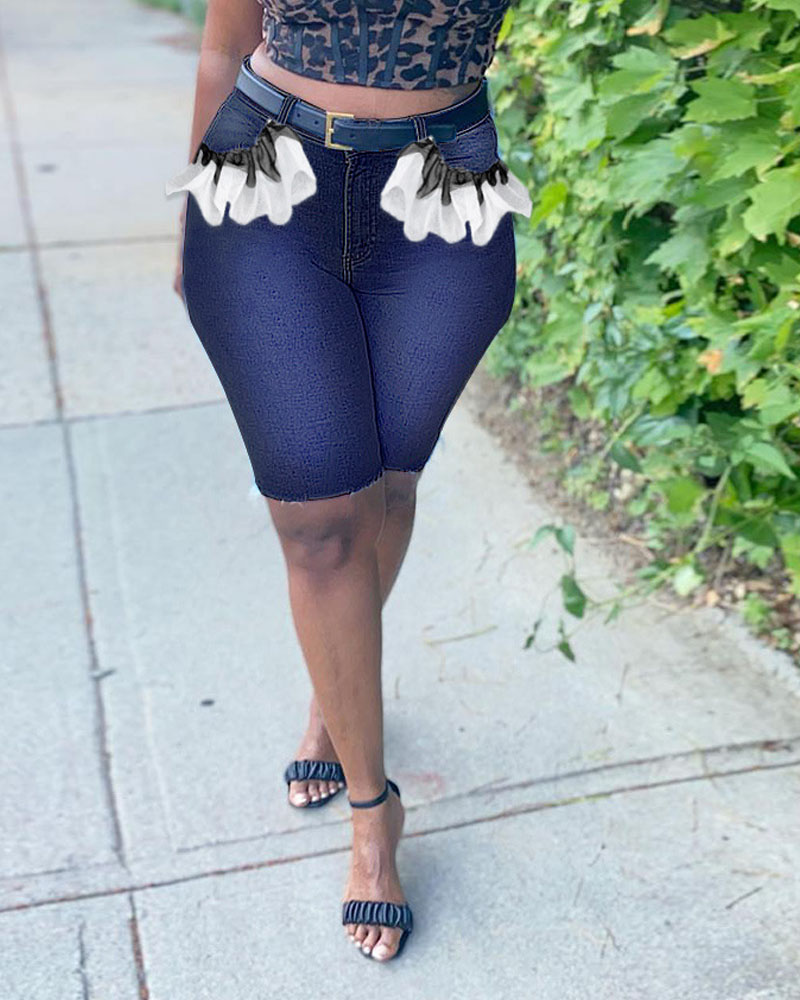 

Zipper Fly Contrast Lace Denim Shorts, Purplish blue
