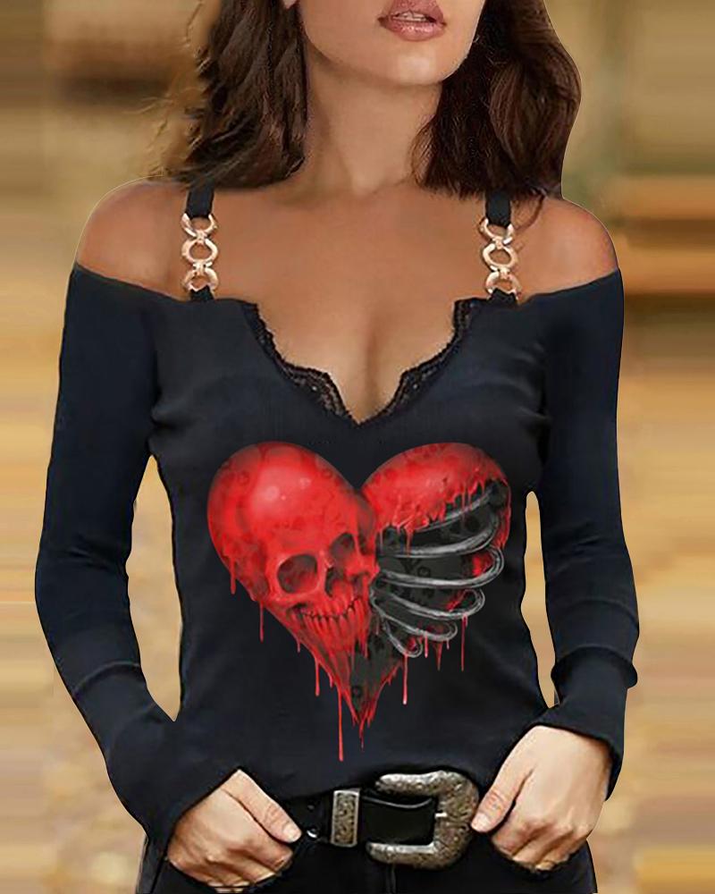 

Halloween Heart Skeleton Skull Print Metal Decor Cold Shoulder Top, Black