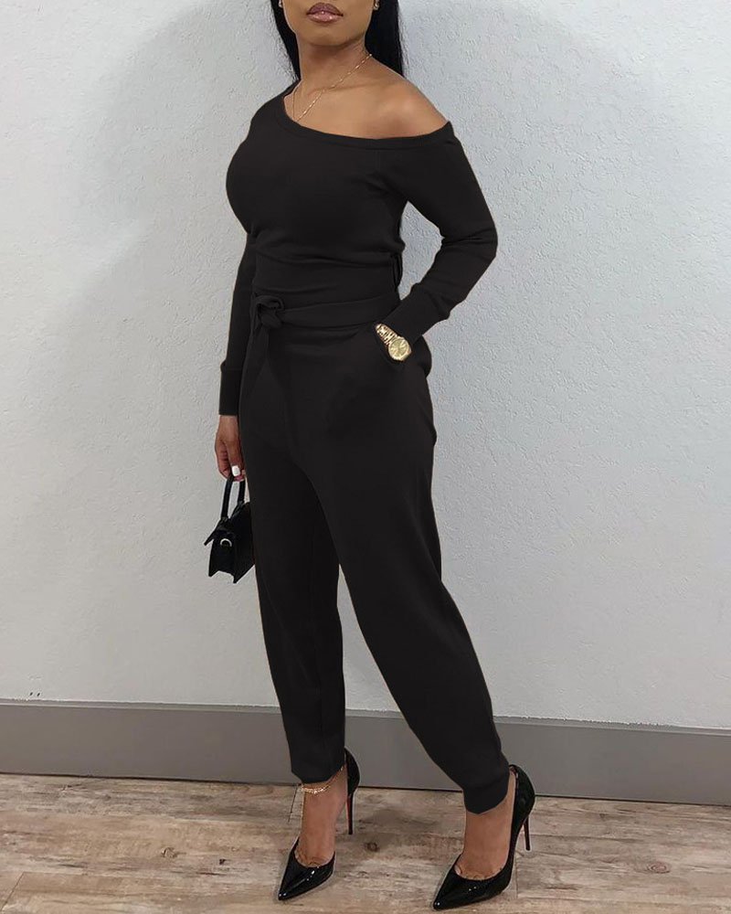 

Long Sleeve Pocket Detail Belted Jumpsuit, Black