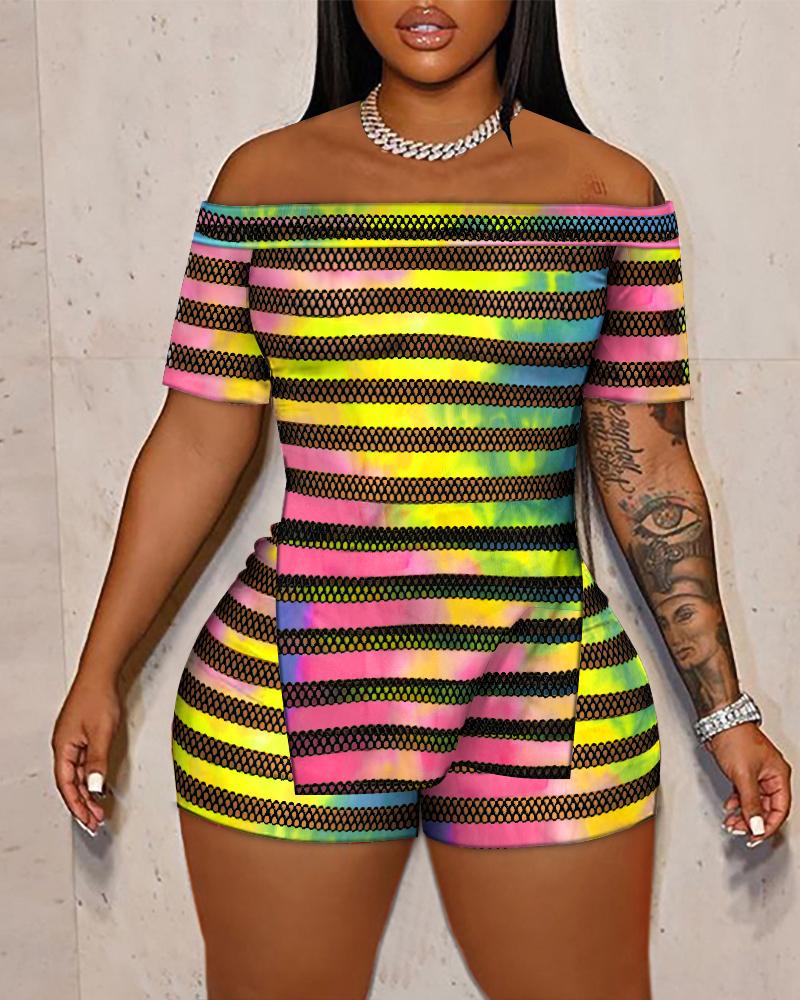 

Tie Dye Print Contrast Mesh Split Hem Off Shoulder Top & Shorts Set, Multicolor