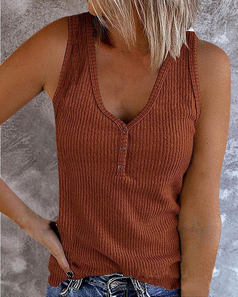 

Ribbed Button Front Casual Tank Top, Red
