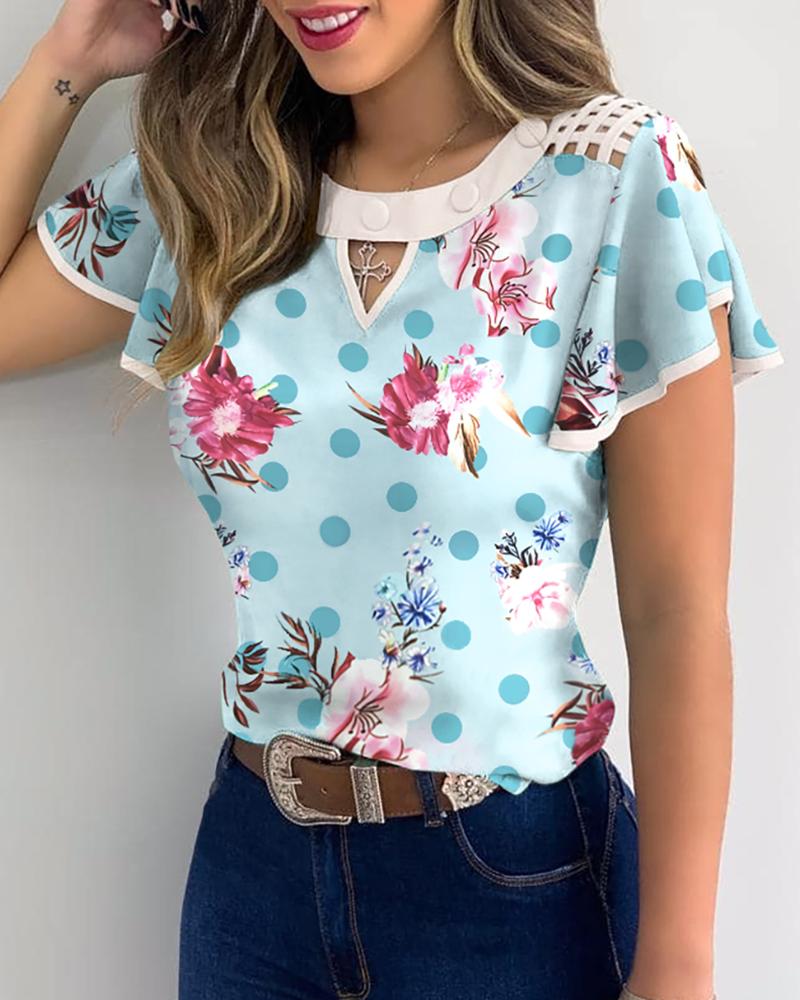 

Floral Polkadot Print Flutter Sleeve Cutout T-shirt, Blue