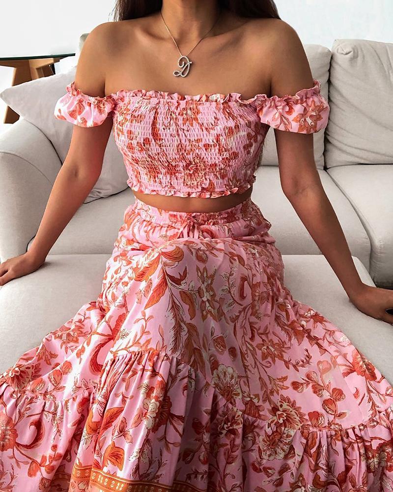 

Off Shoulder Shirred Crop Floral Print Top & Skirt Sets, Pink