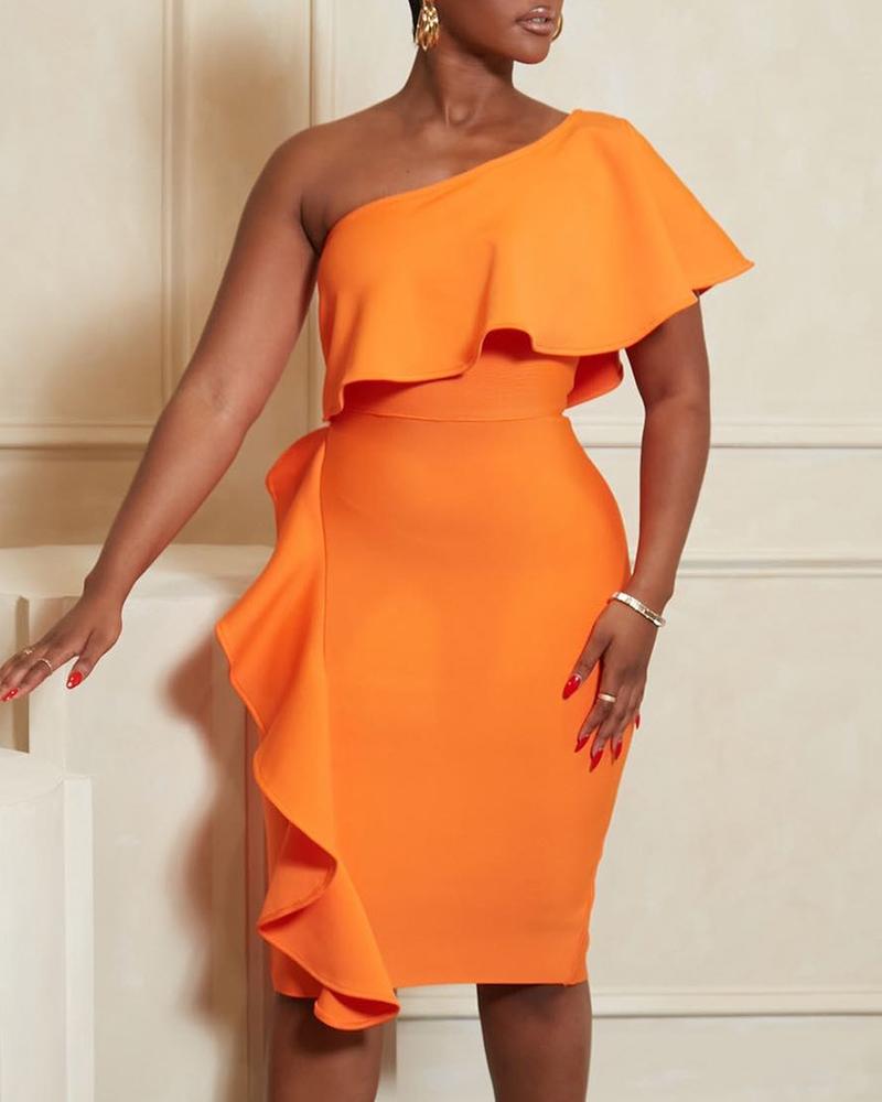 

One Shoulder Ruffle Hem Party Dress, Orange