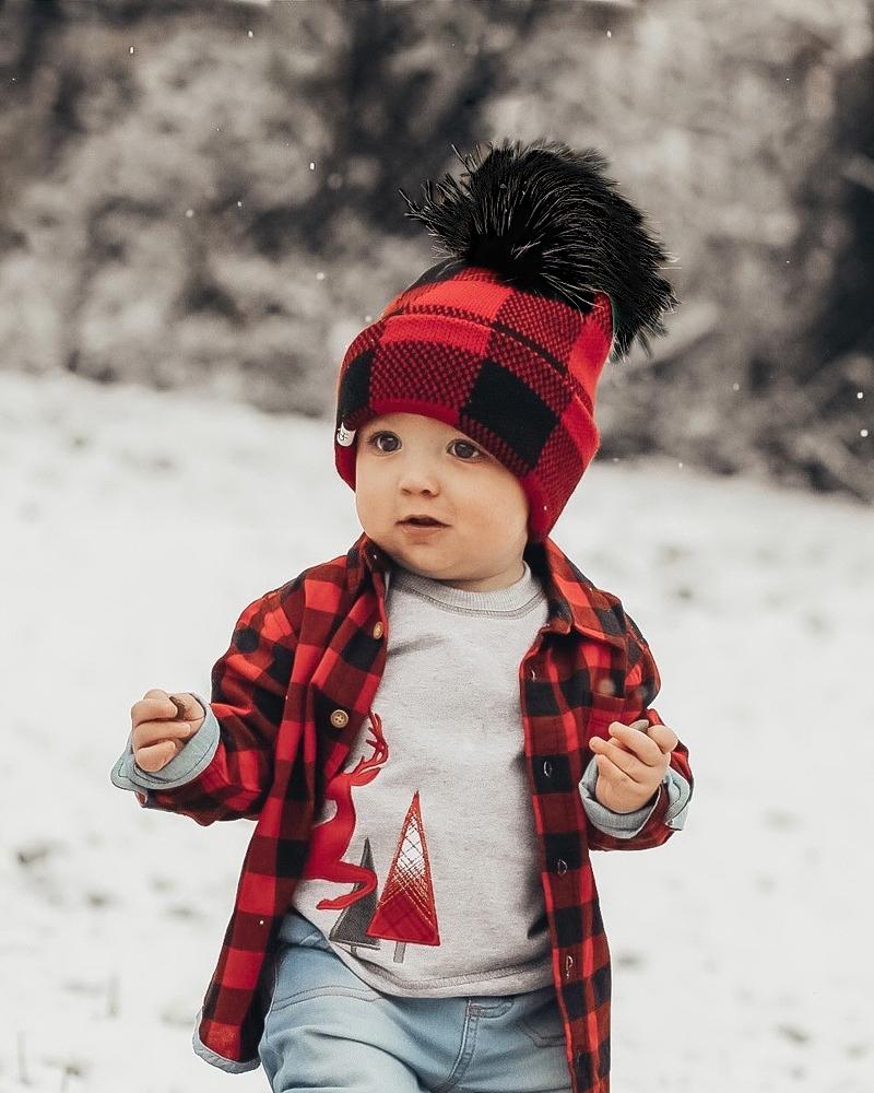 

Christmas Pom Pom Plaid Knit Beanie For Kids, Red