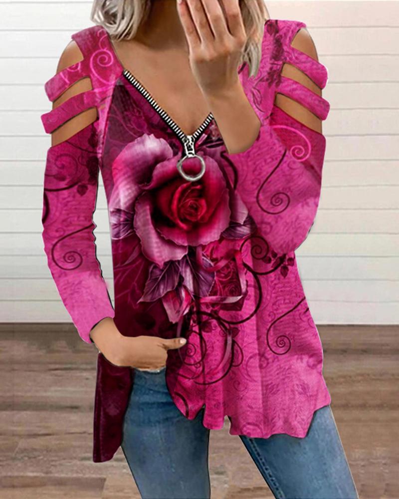 

Floral Print Zipper V-Neck Cut-Out T-Shirt, Style3