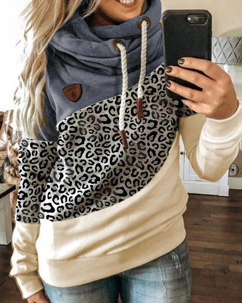 

Leopard Print Colorblock Lantern Sleeve Hooded Top, Blue