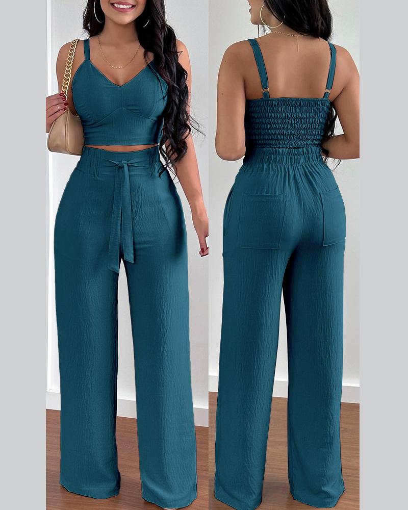 

Shirred Crop Top & Pocket Design Wide Leg Pants Set, Blue