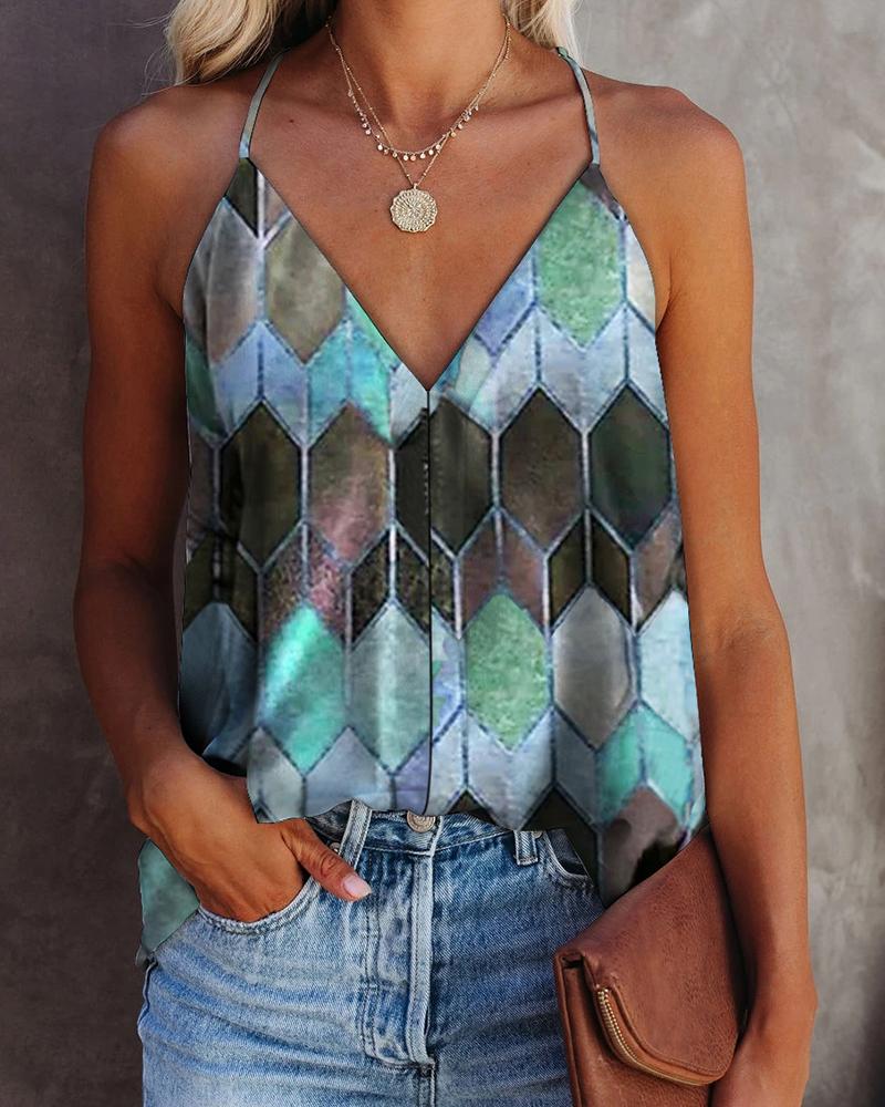 

Geo Colorblock Print V Neck Halter Top, Blue