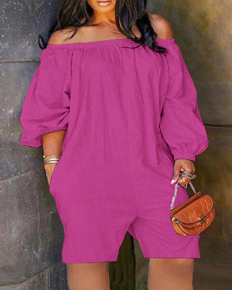 

Plus Size Plain Off Shoulder Casual Romper, Hot pink