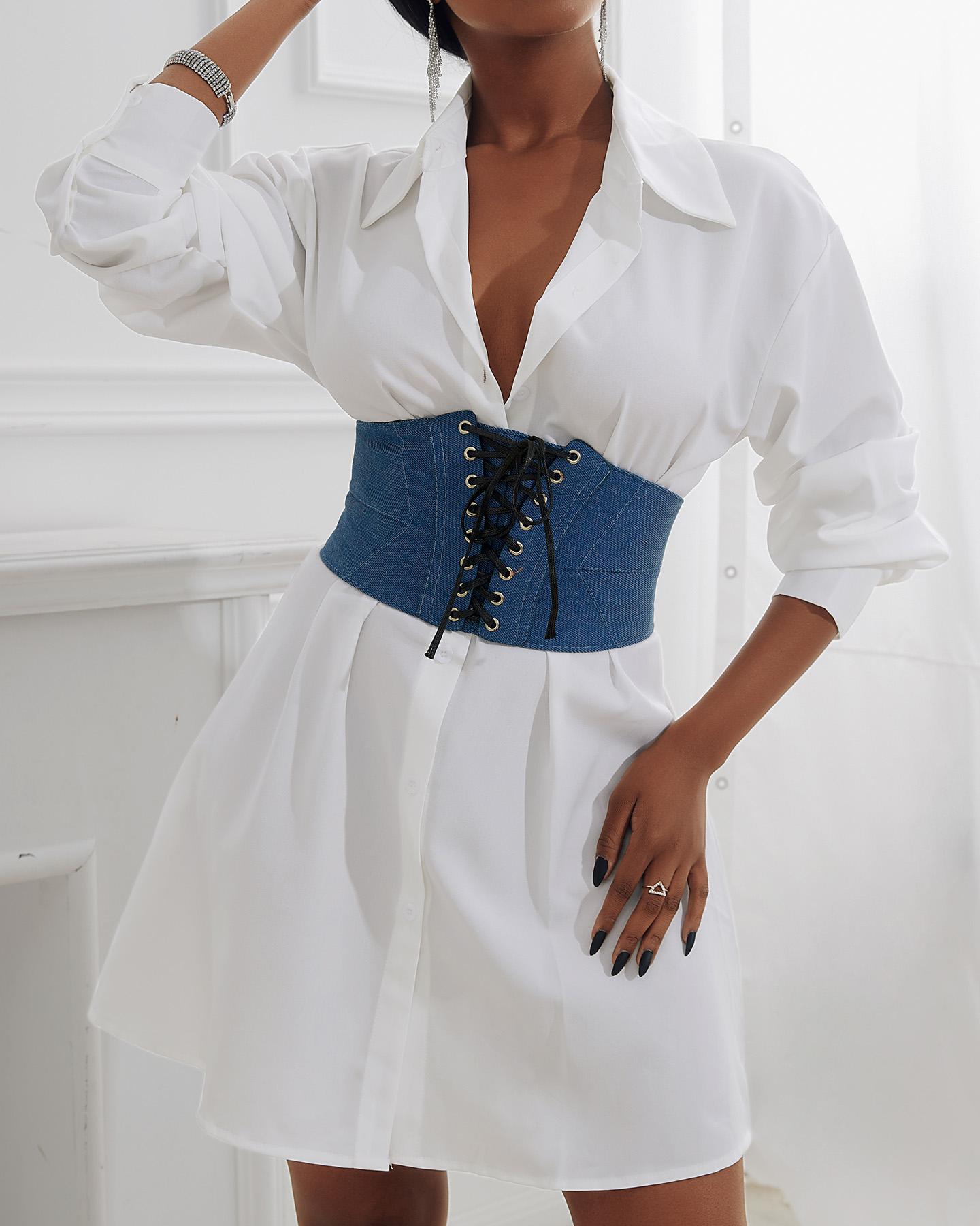 

1PCS Eyelet Lace-up Denim Wide Belt Corset, Blue