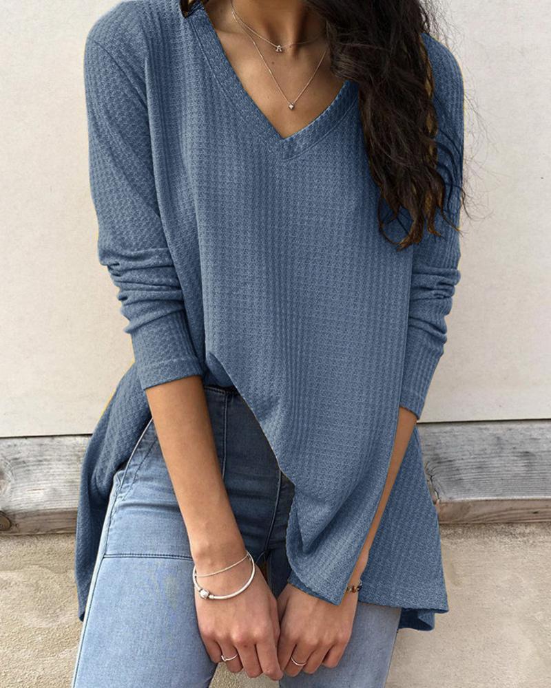 

V Neck Long Sleeve Casual Top, Blue