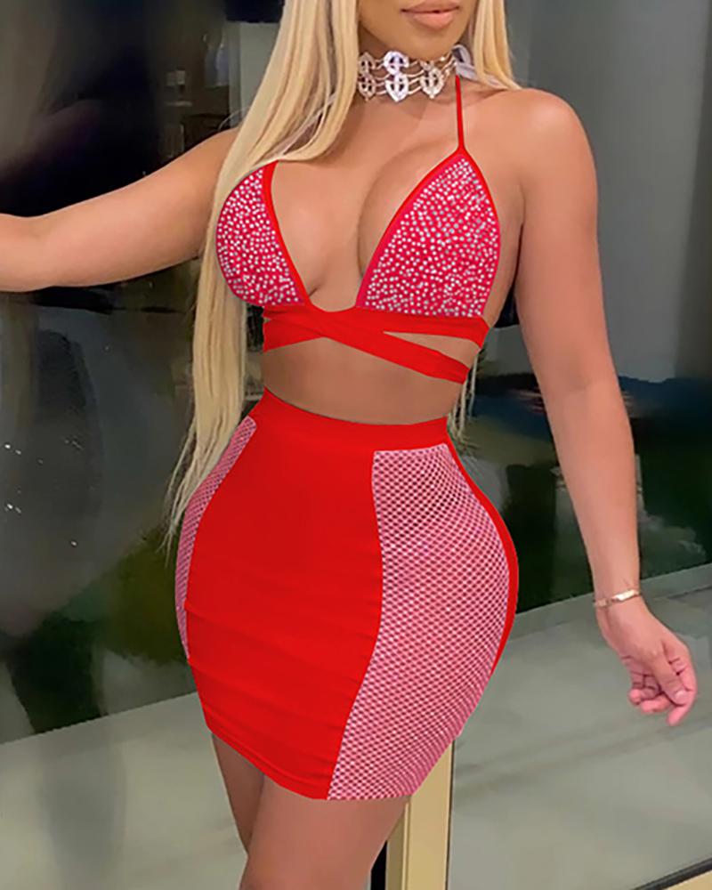 

Studded Bandage Backless Top & Colorblock Skirt Set, Red