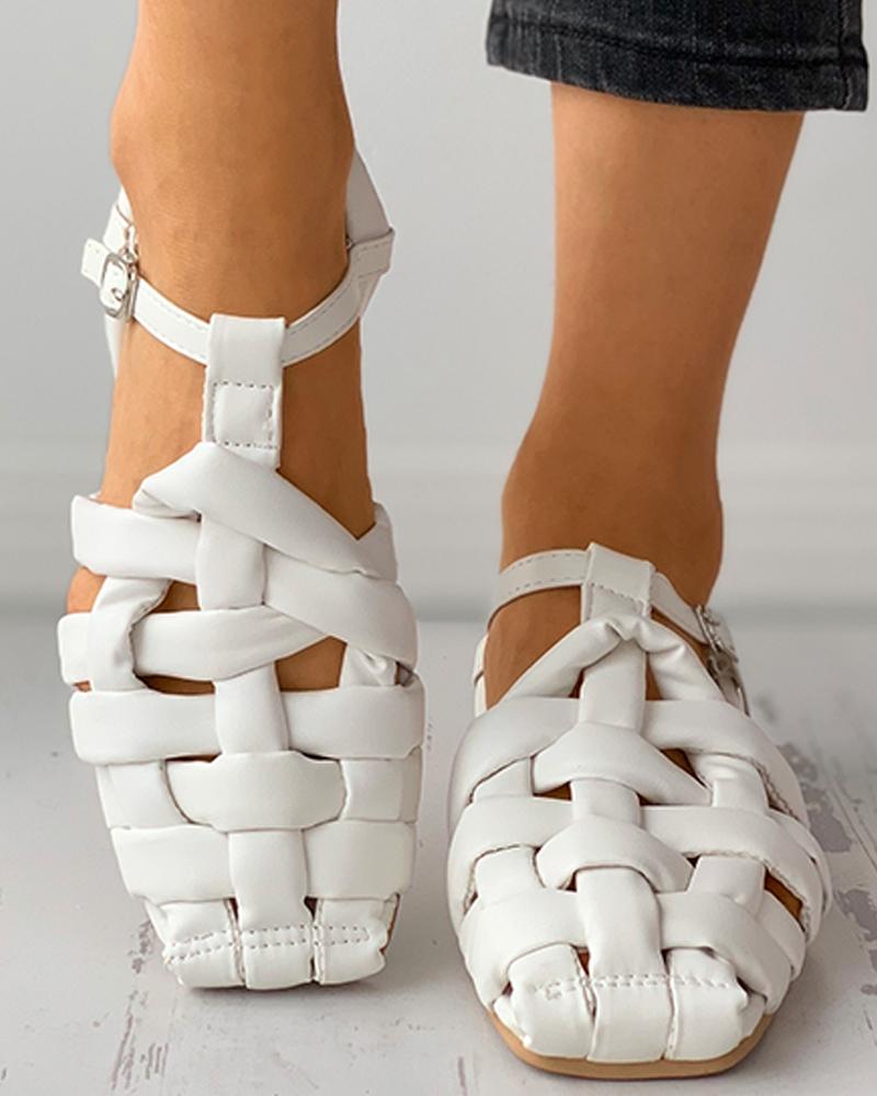 

Braided Square Close Toe Flat Sandals, White