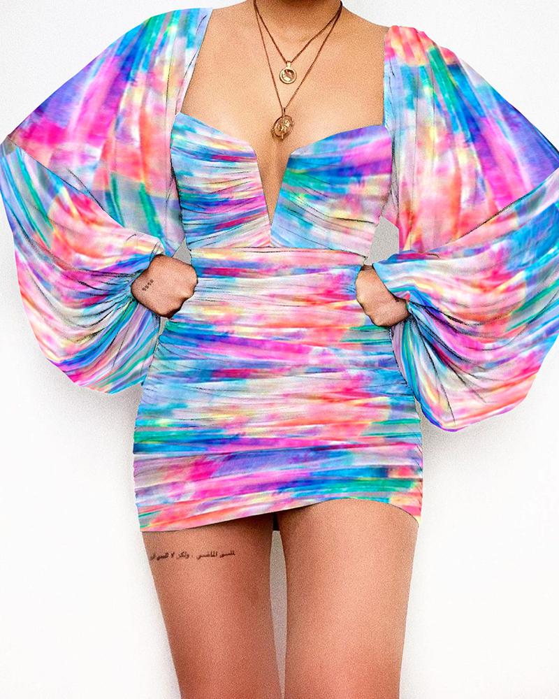 

Tie Dye Print Lantern Sleeve Bodycon Dress, Multicolor