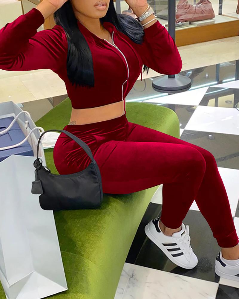 

Zip Front Crop Top & High Waist Pants Set, Wine red