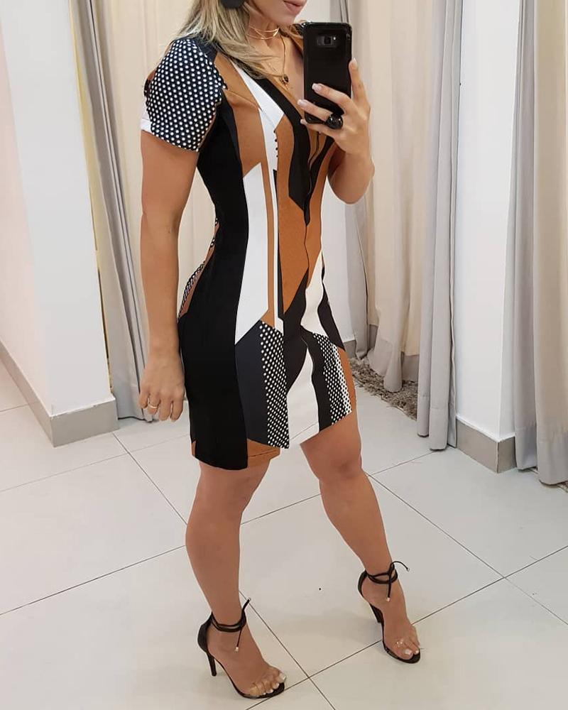 

Polkadot Print Colorblock Zip Front Dress, Brown