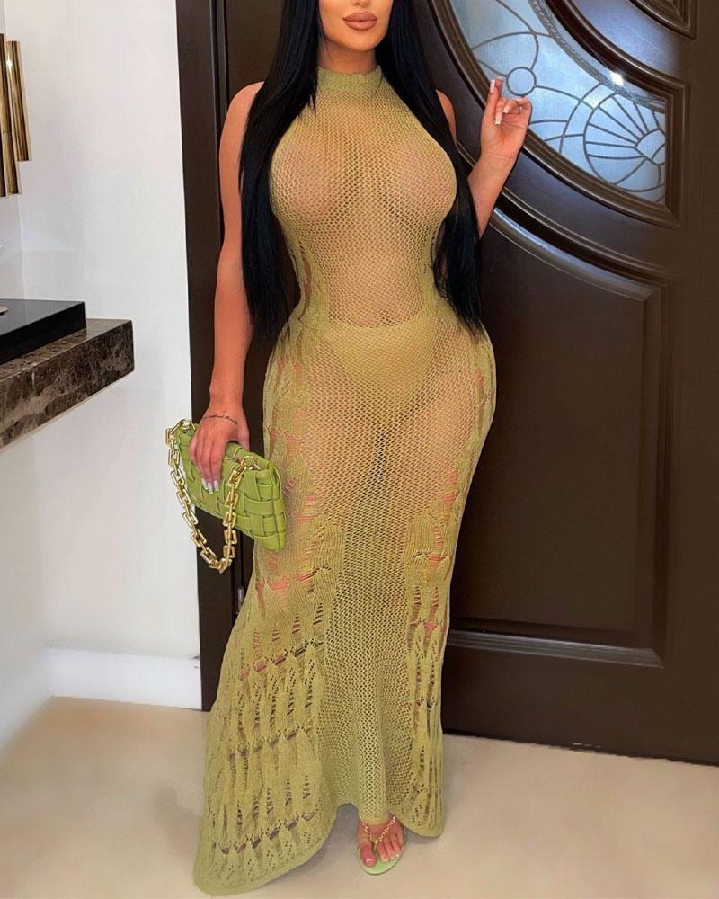 

Sleeveless Hollow Out Crochet Cover Up Beach Dress, Green