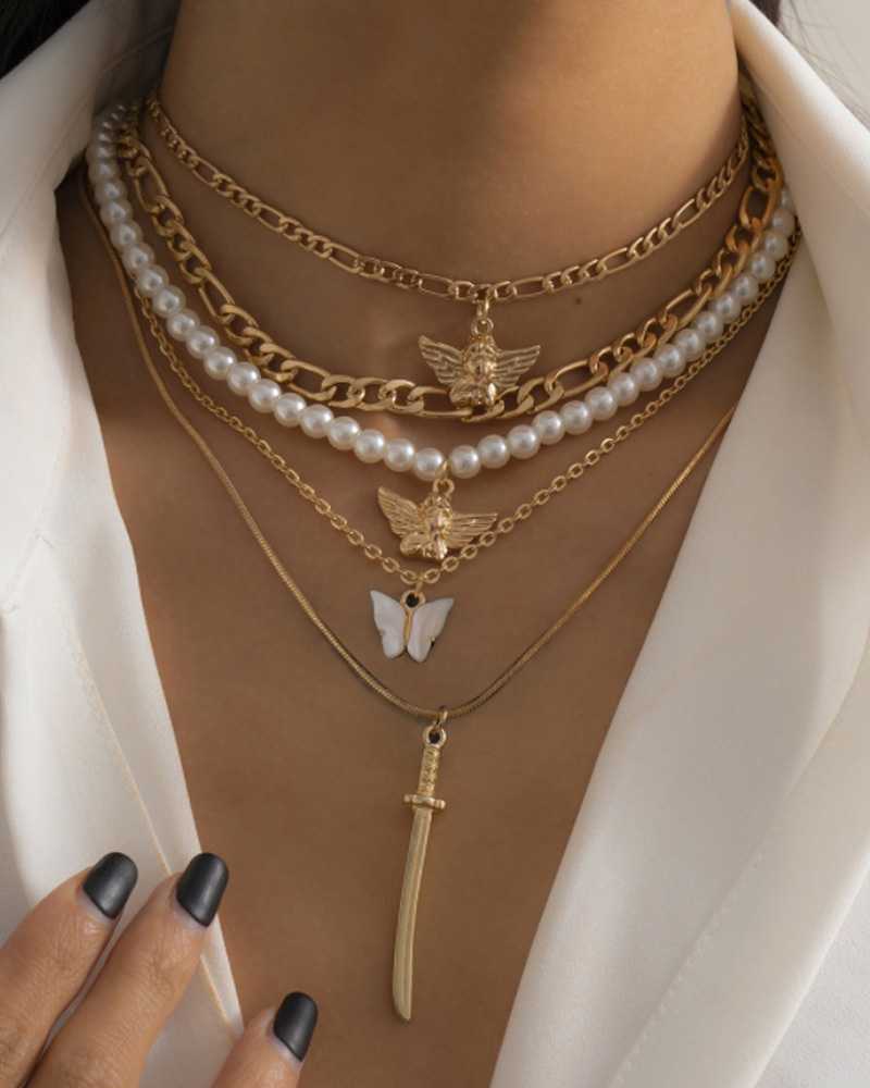 

5PCS/Set Sword & Angel & Butterfly Pendant Pearls Charm Necklace, Gold