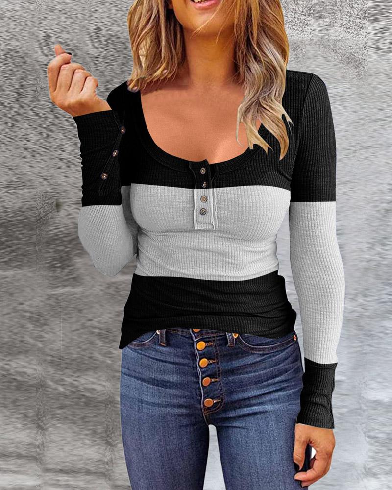 

Colorblock Button Detail Long Sleeve Ribbed Top, Black