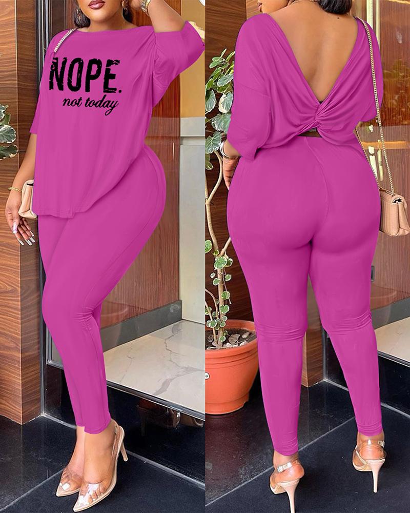 

Nope Not Today Print Twisted Backless Top & Pants Set, Hot pink
