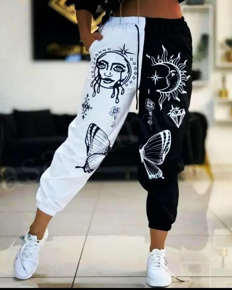 

Colorblock Graphic Print High Waist Pants, Black