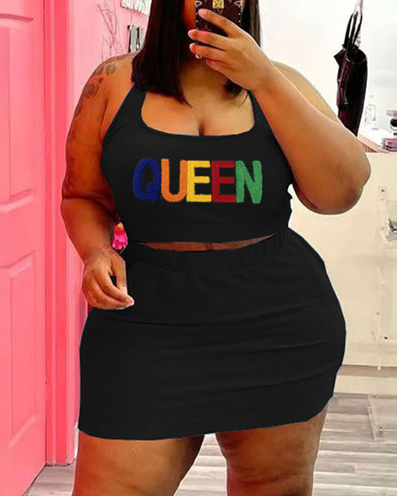 

Embroidery Letter Crop Tank Top & Skirt Set, Black