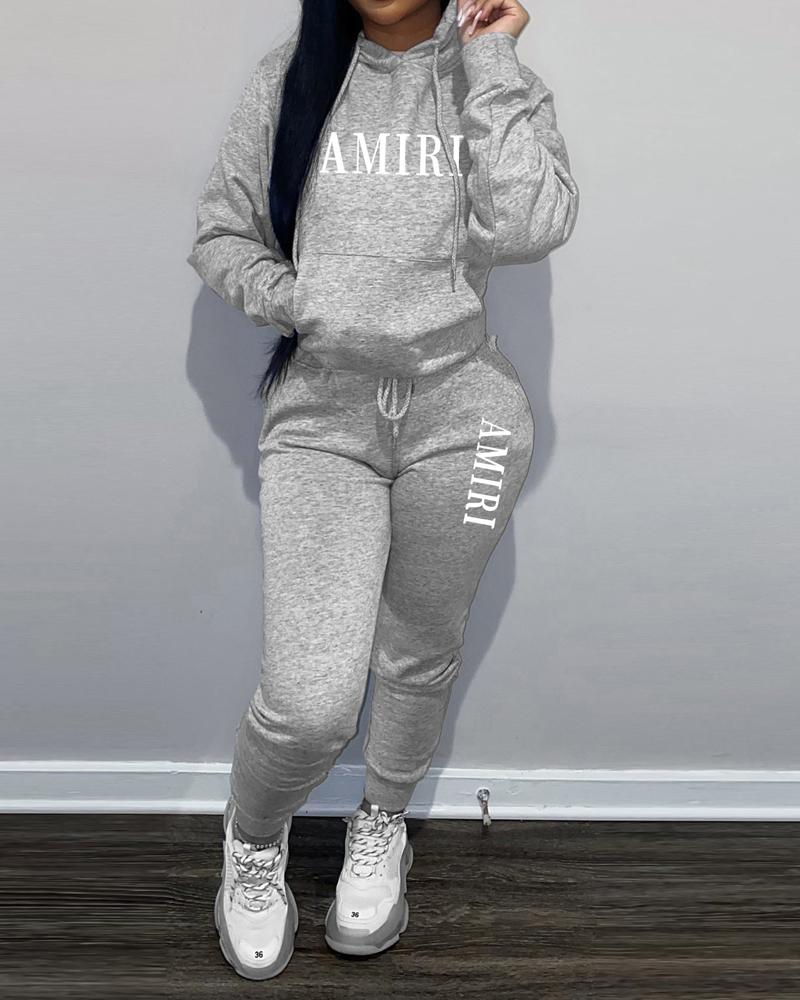 

Letter Print Long Sleeve Hoodie & Drawstring Pants Set, Gray