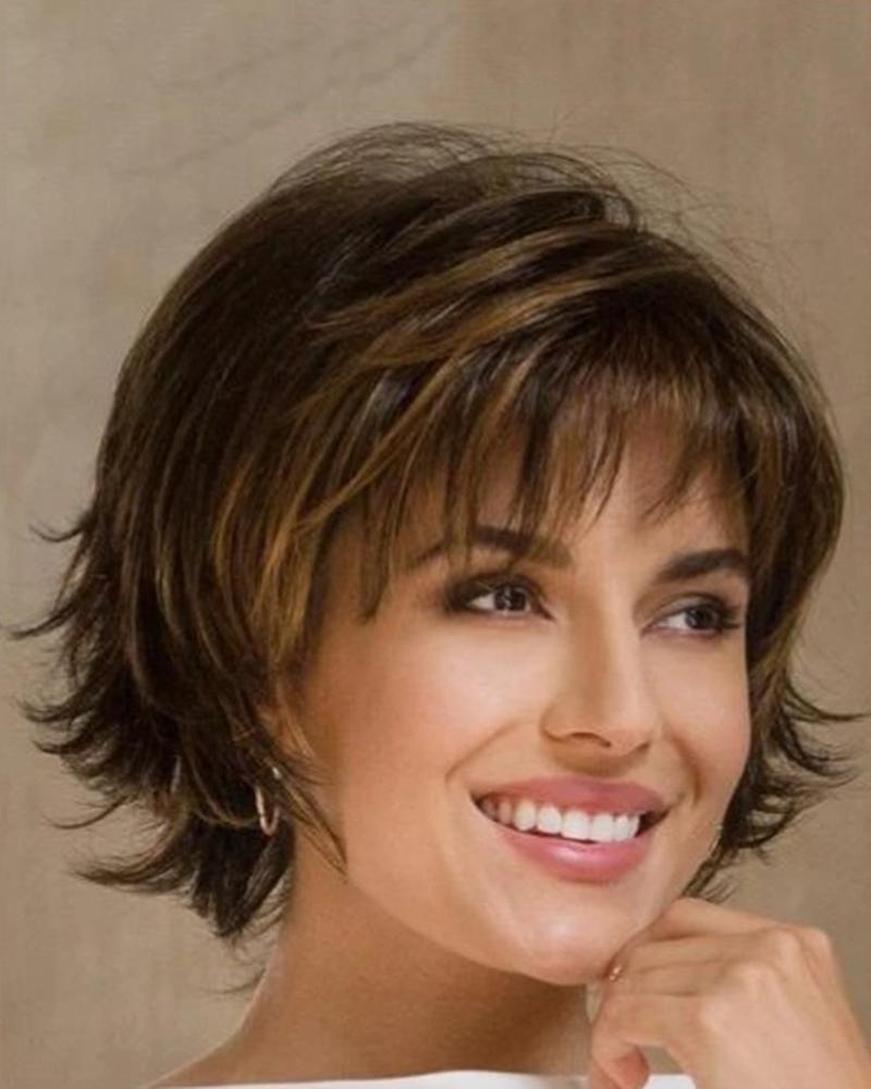 

Pixie Cut Short Mixed Dark Brown Synthetic Wigs With Bangs, Style1