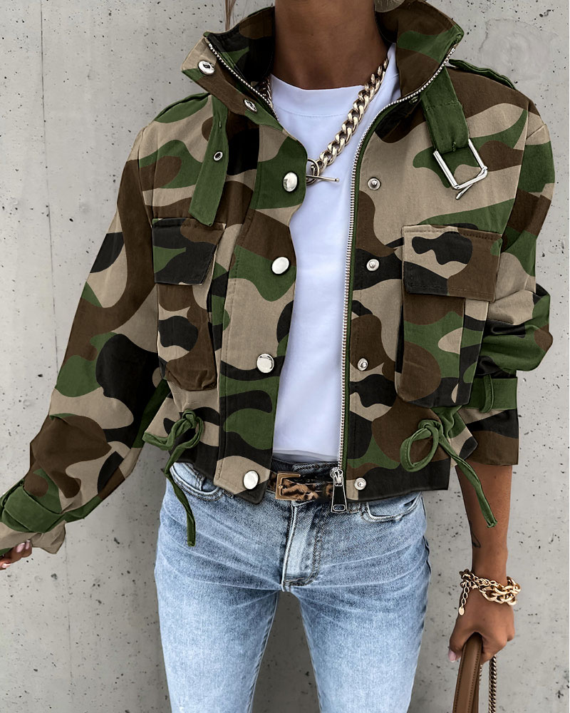 

Camouflage Print Long Sleeve Zip Up Biker Jacket, Camoflage